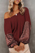 Sequin Patchwork Sleeve Open Back Waffle Knit Top